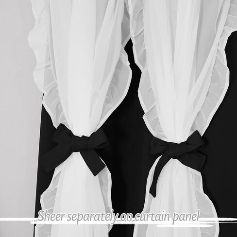 PONY DANCE Girls Curtains for Bedroom Decorative Drapes for Kids Double Layer Curtain Ruffle Sheer Overlay Room Darkening Pretty Chic Princess, 52x84 inch, Black, 2 PCs in Saudi Arabia