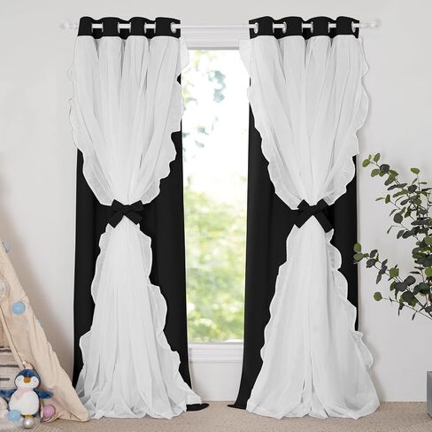 PONY DANCE Girls Curtains for Bedroom Decorative Drapes for Kids Double Layer Curtain Ruffle Sheer Overlay Room Darkening Pretty Chic Princess, 52x84 inch, Black, 2 PCs in Saudi Arabia