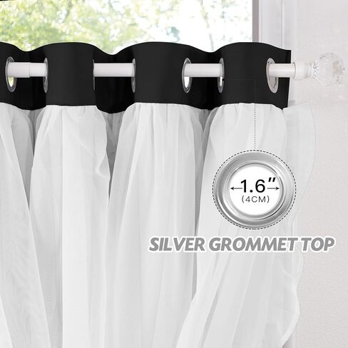 PONY DANCE Girls Curtains for Bedroom Decorative Drapes for Kids Double Layer Curtain Ruffle Sheer Overlay Room Darkening Pretty Chic Princess, 52x84 inch, Black, 2 PCs in Saudi Arabia