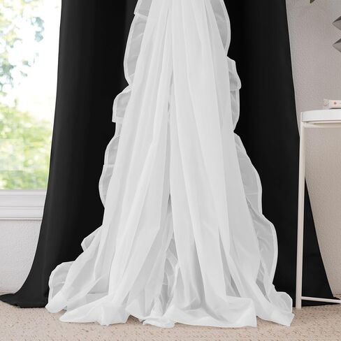 PONY DANCE Girls Curtains for Bedroom Decorative Drapes for Kids Double Layer Curtain Ruffle Sheer Overlay Room Darkening Pretty Chic Princess, 52x84 inch, Black, 2 PCs in Saudi Arabia