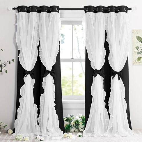 PONY DANCE Girls Curtains for Bedroom Decorative Drapes for Kids Double Layer Curtain Ruffle Sheer Overlay Room Darkening Pretty Chic Princess, 52x84 inch, Black, 2 PCs in Saudi Arabia