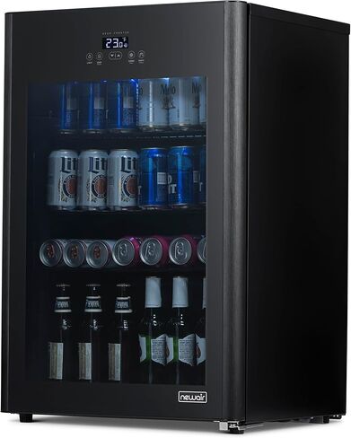 NewAir NBF125BK00 ثلاجة ومبرد البيرة مع باب زجاجي، سعة 125 علبة ثلاجة بيرة قائمة بذاتها باللون الأسود - باردة حتى 23 فهرنهايت مع البيرة والمشروبات فاترة في ساعة واحدة in Kuwait
