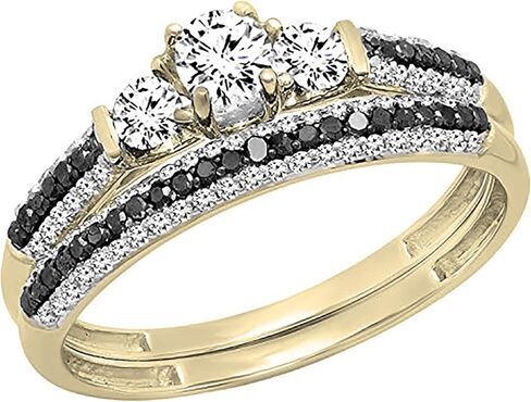 مجموعة Dazzlingrock Collection خاتم زفاف دائري من الياقوت الأبيض والألماس الأسود والأبيض مكون من 3 أحجار للنساء باللون الذهبي in Kuwait