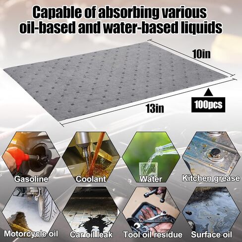 Oil Absorbent Pads - High Absorbency Microfiber Polypropylene Absorbing Pads, Oil Spill Mat for Oil-Based & Water-Based Fluids, Gray, 13" x 10", Pack of 10 in Saudi Arabia