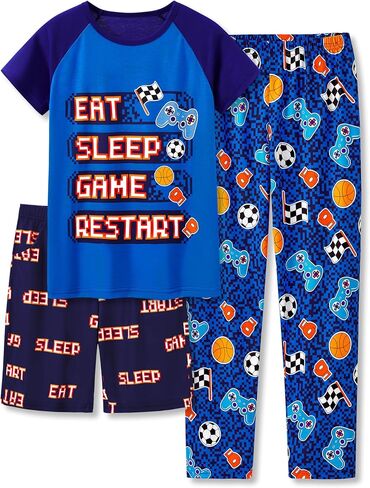 Beezizac Pajamas For Little Big Boys Cozy 3-Piece Soft Short Sleeves Shorts Set & Pants Cool PJ Kid Size 6-18 in Saudi Arabia