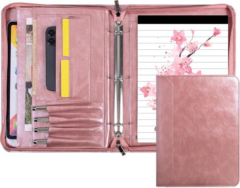 Rosegold Vegan Leather Portfolio Zippered 3 Ring Binder, Business Resume Professional Portfolio for Women, A4 Legal Pad Holder, Business & Travel Organizer,Gift for Women/Girls in Saudi Arabia