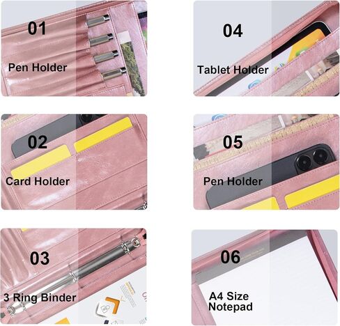 Rosegold Vegan Leather Portfolio Zippered 3 Ring Binder, Business Resume Professional Portfolio for Women, A4 Legal Pad Holder, Business & Travel Organizer,Gift for Women/Girls in Saudi Arabia