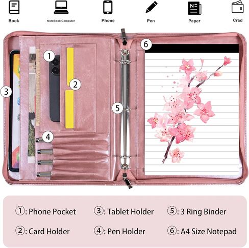Rosegold Vegan Leather Portfolio Zippered 3 Ring Binder, Business Resume Professional Portfolio for Women, A4 Legal Pad Holder, Business & Travel Organizer,Gift for Women/Girls in Saudi Arabia
