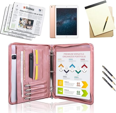 Rosegold Vegan Leather Portfolio Zippered 3 Ring Binder, Business Resume Professional Portfolio for Women, A4 Legal Pad Holder, Business & Travel Organizer,Gift for Women/Girls in Saudi Arabia