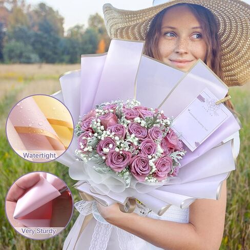 60 ورقة من ورق تغليف الزهور بحافة ذهبية، 10 ألوان من ورق تغليف الزهور المقاوم للماء، لوازم باقة الزهور مع شريط وبطاقة وديكور فراشة لهدايا DIY لمتجر الزهور in Kuwait