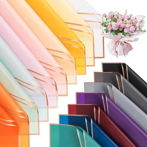 60 ورقة من ورق تغليف الزهور بحافة ذهبية، 10 ألوان من ورق تغليف الزهور المقاوم للماء، لوازم باقة الزهور مع شريط وبطاقة وديكور فراشة لهدايا DIY لمتجر الزهور in Kuwait