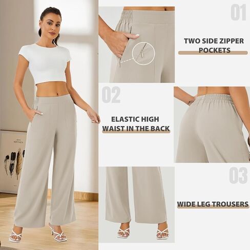 FireSwan Women's Wide Leg Work Pants High Elastic Waist Dress Palazzo Pants Trousers with Zipper Pockets in Saudi Arabia