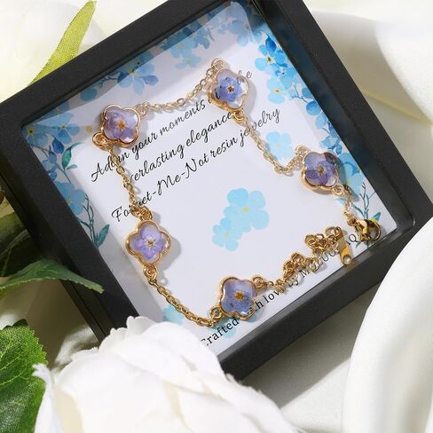 خلخال مصنوع يدويًا على شكل زهرة Forget-Me-Not - مجوهرات من الراتنج على شكل زهرة حقيقية - خلخال بسلسلة ذهبية مزهرة باللون الأزرق الأنيق للنساء - تذكار نباتي بوهو in Kuwait