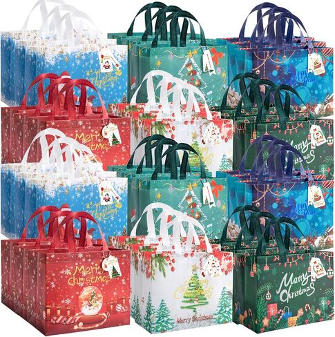 16Pcs Christmas Gift Bags with Gift Tags Small Gift Bags Reusable Shopping Bags have Santa Claus Christmas Tree Candy Bells ​"MerryChristmas" ​Pattern of Gift Bag for Christmas Party Christmas Surpris in Kuwait