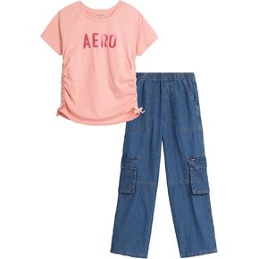 AEROPOSTALE Girls' Pants Set - 2 Piece All Over Print Graphic Tee and Denim Cargo Pants - Casual Outfit for Girls (7-16)