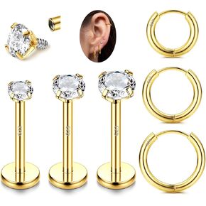 G23 Titanium 18G 16G Tragus Piercing Jewelry Labret Stud Internal Threaded CZ Labret Jewelry Monroe Medusa Lip Piercing Jewelry Nose Rings Hoop Cartilage Earrings for Women Men 6Pcs