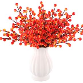 40 Pcs Artificial Berry Stems Branches, Fall Halloween Faux Holly Berries Branches Ornaments for Christmas Tree Wreath DIY Craft Decorations Holiday Home Decor (40, Orange)