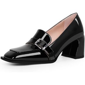 Women's Comfortable Buckle Chunky Heel Pumps Square Toe Work Dress Shoes