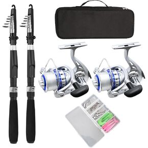 Fishing Pole Combo Set,2.1m/6.89ft 2PCS Collapsible Rods 2PCS Spinning Reels Lures Set Carrier Bag Carbon Fiber Telescopic Fishing Rods Sea Saltwater Freshwater Kit Fishing Rod Reel Combos