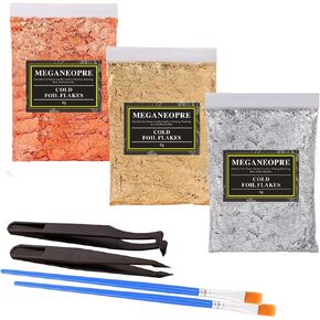 Gold Foil Flakes with Tweezers and Brush, 3 Bottles Imitation Gold Foil Flakes Metallic Leaf for Nail Art, Painting, Crafts and Resin Jewelry Making（Gold, Silver and Copper colors-3g））