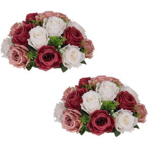 BLOSMON Fake Rose Flower Balls: 2pc 11.8 Inch Burgundy Blush White Artificial Floral Arrangement for Wedding Dinning Table Centerpiece - Silk Kissing Ball Bouquet for Home Party Decor