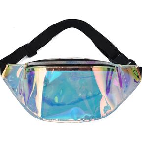 Clear Holographic Fanny Pack Stadium Approved for Women Men Crossbody Shiny Fashion Belt Bag Waterproof Waist Packs with Adjustable Belt for Sports Concerts Festival Trip