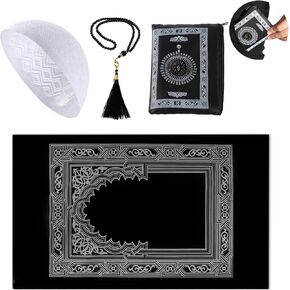 Kufi Hats for Men with Portable Travel Prayer Mat Islam and Tasbih Prayer Beads Set,Islamic Gifts,Muslim Gifts,Eid Mubarak Gifts,Ramadan Gifts,Muslim Prayer Rug,Muslim Cap,Muslim Prayer Beads Set