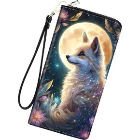 Womens Wallet Large Capacity Clutch Purse for Women Men, PU Leather RFID Blocking Purse Credit Card Clutch, Fox Moon