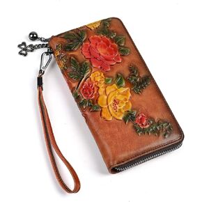 Leather Wallet for Women, Zipper Clutch Wristlet Purse, Hand Painted Rose Floral Pattern