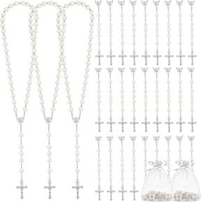 24 Pcs 8mm Glass Pearl Beads Rosary Necklace First Communion Rosary Rosary Chain with Alloy Cross Mesh Bag for Gifts