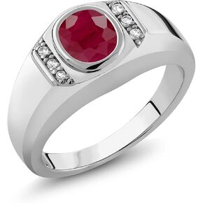 Gem Stone King Men's 925 Sterling Silver Red Ruby and White Created Sapphire Ring (1.66 Cttw, Oval 8X6MM, Gemstone Birthstone, Available In Size 7, 8, 9, 10, 11, 12, 13)