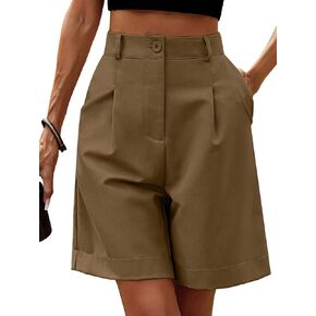 Bermuda Shorts for Women Dressy Elastic High Waisted Knee Length Shorts Casual Wide Leg Summer Shorts with Pockets
