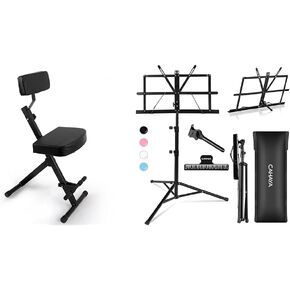 Pyle Portable Musician Chair Bundle with CAHAYA Folding Sheet Music Stand - Adjustable Performer Stool with Carrying Bag and Metal Music Stand