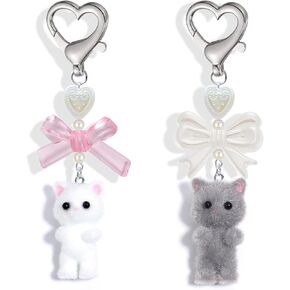 2PCS Cute Cat Keychain,Fuzzy Kitty Cat Decor Gift Cat Lovers Y2K Heart Bow Ornament Pendent Girls Kawaii Bag Charm