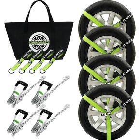 Premium Wheel Straps (4PK) - 10,000lb Guaranteed Max Break Strength - 2" Ratchet with G70 Chain Anchor Hook and 2" X8ft Lasso Strap, Perfect Car Tie Down Straps for Truck, Cars, UTV(Green)