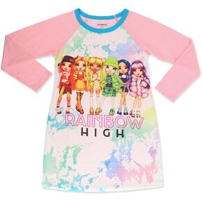 Rainbow High Girl's Pajama Dorm Shirt Long Sleeves, Little Kid's Size 4/5 to 10/12, Pink/White