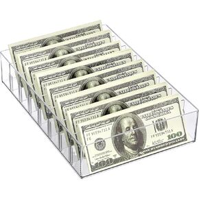 Hipiwe Cash Organizer - Plastic Mail Organizer Tray Clear Desk Holder with Removable Divider, 8 Slots Cash Storage Tray Letter Sorter for Bill Envelope Cash Budgeting