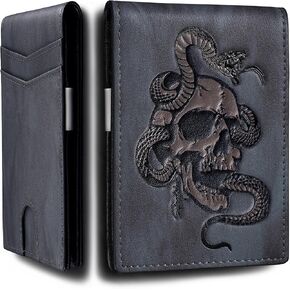 محفظة رفيعة للرجال مزودة بمشبك نقود وجيب أمامي على شكل جمجمة وحامل بطاقة ائتمان بسيط ثنائي الطي من الجلد الطبيعي مع خاصية حجب تحديد الهوية بموجات الراديو (رمادي) in Kuwait