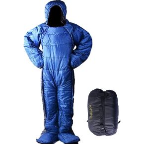 72" Large Wearable Human Sleeping Bag Zipped Foot Opening Design Free Size Ultralight Hoodie Quilted Warm Thermal Coat for Adults Winter or Outdoor 4 Season Camping