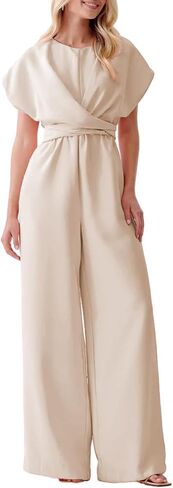 Happy Sailed Women Jumpsuits Dressy Short Sleeve Front Crisscross Tie Waist Belted Wide Leg Pant Romper with Pockets in Saudi Arabia