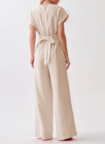 Happy Sailed Women Jumpsuits Dressy Short Sleeve Front Crisscross Tie Waist Belted Wide Leg Pant Romper with Pockets in Saudi Arabia