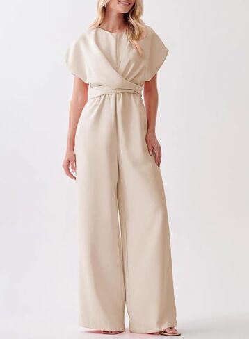 Happy Sailed Women Jumpsuits Dressy Short Sleeve Front Crisscross Tie Waist Belted Wide Leg Pant Romper with Pockets in Saudi Arabia