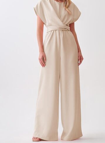 Happy Sailed Women Jumpsuits Dressy Short Sleeve Front Crisscross Tie Waist Belted Wide Leg Pant Romper with Pockets in Saudi Arabia