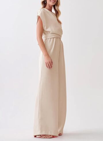 Happy Sailed Women Jumpsuits Dressy Short Sleeve Front Crisscross Tie Waist Belted Wide Leg Pant Romper with Pockets in Saudi Arabia