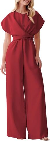 Happy Sailed Women Jumpsuits Dressy Short Sleeve Front Crisscross Tie Waist Belted Wide Leg Pant Romper with Pockets in Saudi Arabia