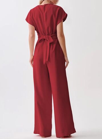 Happy Sailed Women Jumpsuits Dressy Short Sleeve Front Crisscross Tie Waist Belted Wide Leg Pant Romper with Pockets in Saudi Arabia
