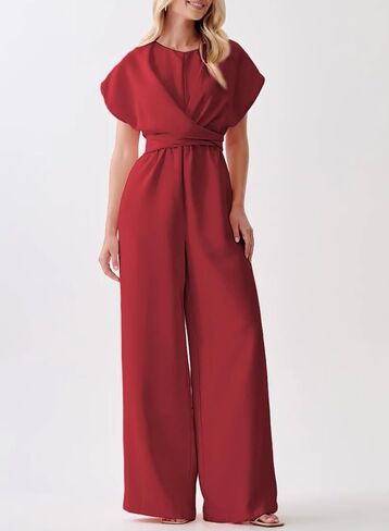 Happy Sailed Women Jumpsuits Dressy Short Sleeve Front Crisscross Tie Waist Belted Wide Leg Pant Romper with Pockets in Saudi Arabia