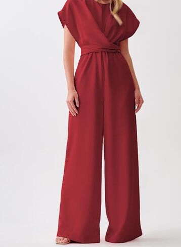 Happy Sailed Women Jumpsuits Dressy Short Sleeve Front Crisscross Tie Waist Belted Wide Leg Pant Romper with Pockets in Saudi Arabia