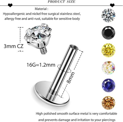 16G ASTM F136 التيتانيوم الصلب الجراحي الداخلي خيط مسطح الظهر ترصيع الأقراط الشفاه خواتم Labret ميدوسا الزنمة اللولب الغضروف القرط مسمار ثقب المجوهرات للنساء الرجال الفضة الأسود الذهب in Saudi Arabia