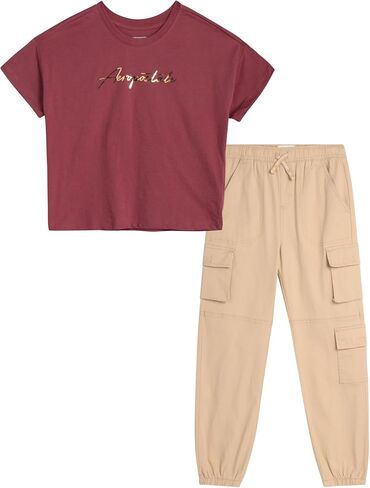 AEROPOSTALE Girls' Pants Set - 2 Piece Jersey Graphic Tee and Twill Cargo Jogger Pants - Summer Outfit for Girls (7-16) in Saudi Arabia